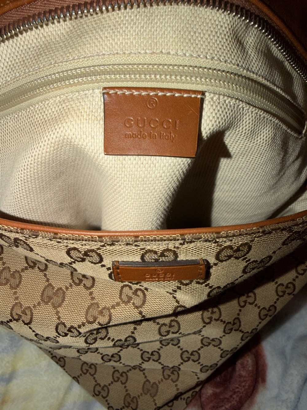 Gucci Tan Monogram Shoulder Bag with Brown Leather Trim - Picture 7 of 8